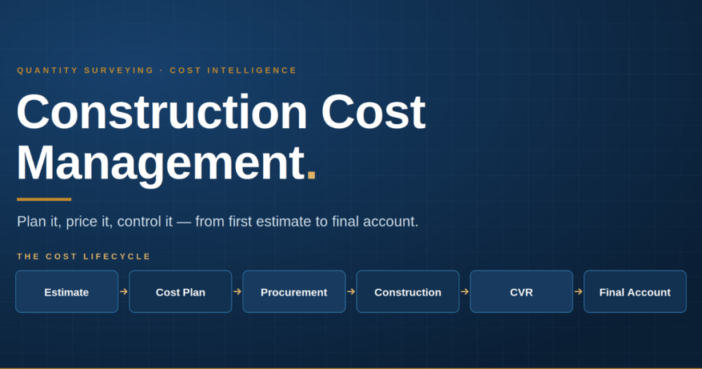 Construction cost management lifecycle from estimate through procurement and CVR to final account