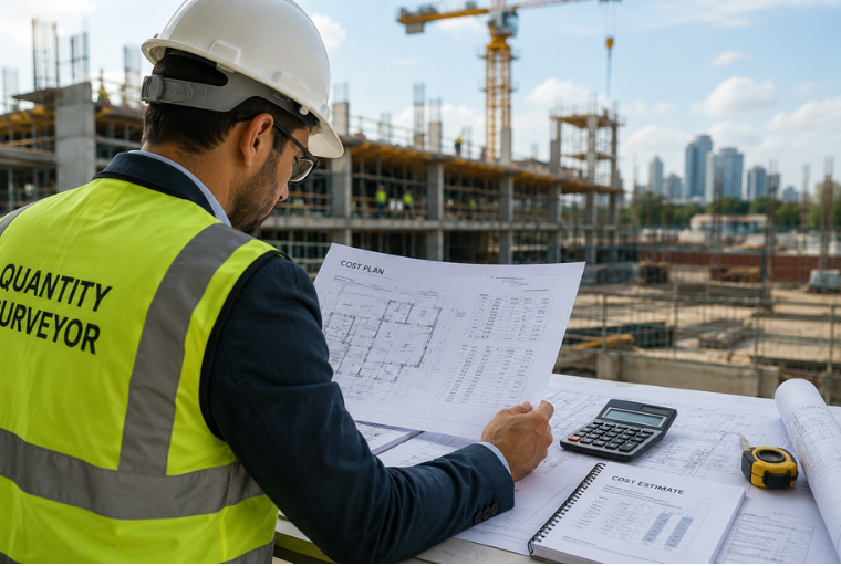 Quantity surveying company reviewing project costs on a construction site.