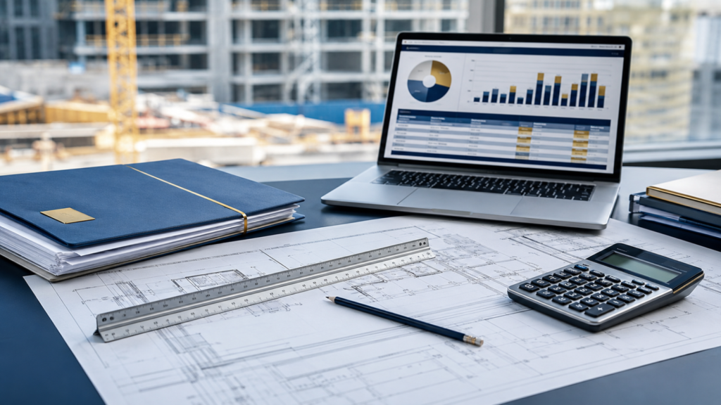Construction estimating desk with drawings, calculator and cost dashboard overlooking a building site.