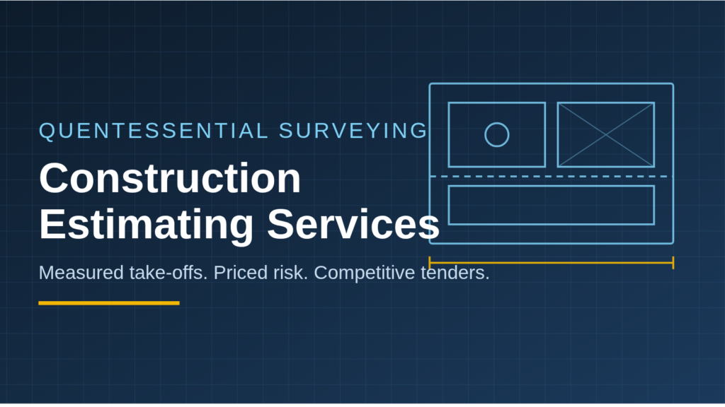 Construction drawings and a scale rule laid out during a quantity take-off for a tender estimate