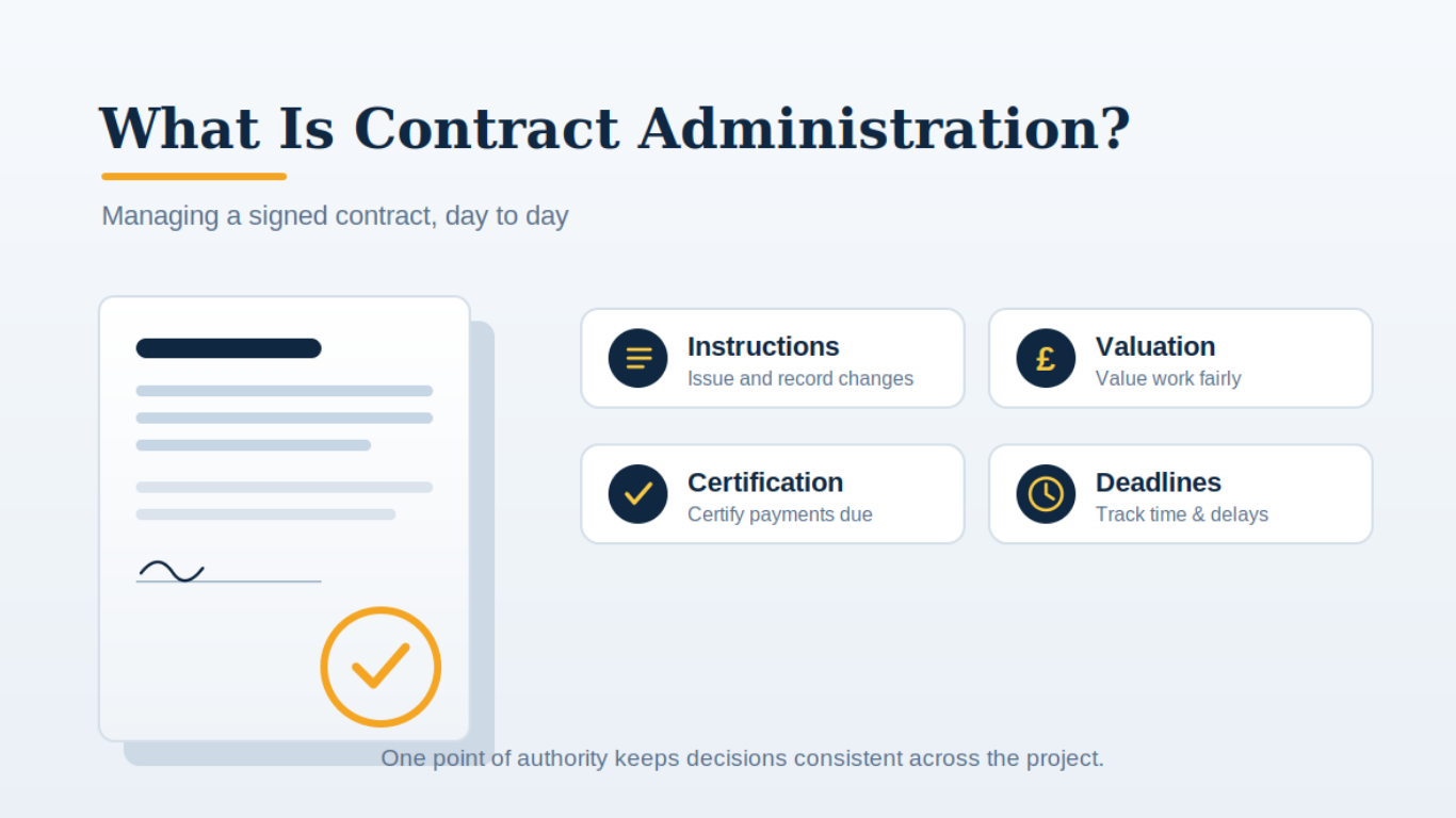 Contract administration turns a signed construction contract into enforceable day-to-day action.