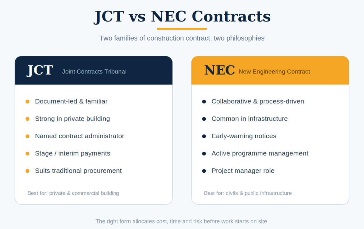 JCT versus NEC construction contract types comparison showing key differences