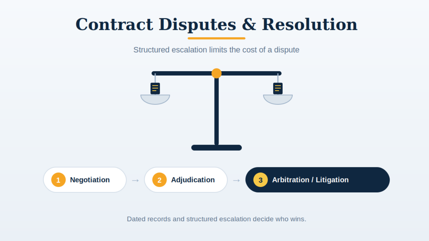 Two parties resolving a construction contract dispute through structured adjudication
